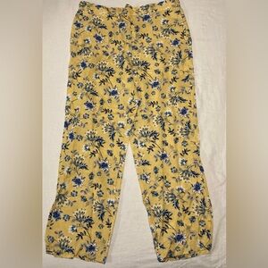 Coldwater Creek Linen Blend Yellow Pull On Pants with Blue Floral Design